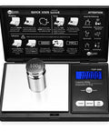 Compact Digital Pocket Gram Scale 200g Capacity With 0.01g Accuracy open with 100g weight on stainless steel platform and LCD display