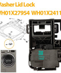 Washer lid lock switch assembly WH01X27954, black plastic, GE/Hotpoint compatible, installed view