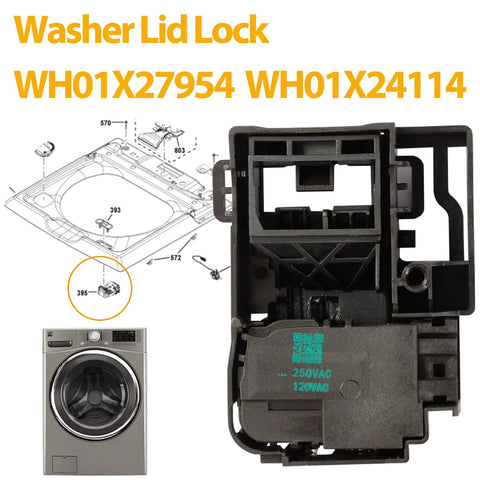 Washer lid lock switch assembly WH01X27954, black plastic, GE/Hotpoint compatible, installed view