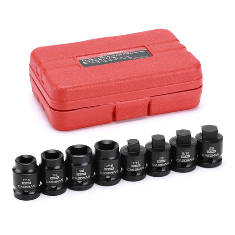 Eight-Piece One-Half Inch Drive Pipe Plug Socket Set, Cr-Mo Steel With Black Phosphate Finish, shown with red storage case