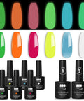 Glow In The Dark Gel Nail Polish Kit With 6 Neon Colors White Pink Green Blue Base And Top Coat Included UV Fluorescent Gel Set HEMA Free 0.25 Fl Oz Each Party Ready Night Glow Nail Art For Festivals showing bottles and color swatches.