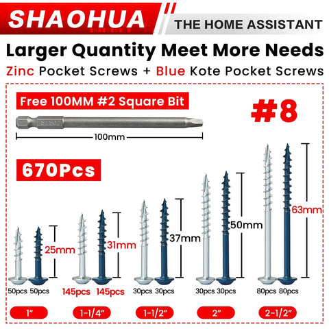 Image of Mega 670 Piece Pocket Hole Screw Set in sizes one inch through two and a half inch #8 with zinc blue kote finish.