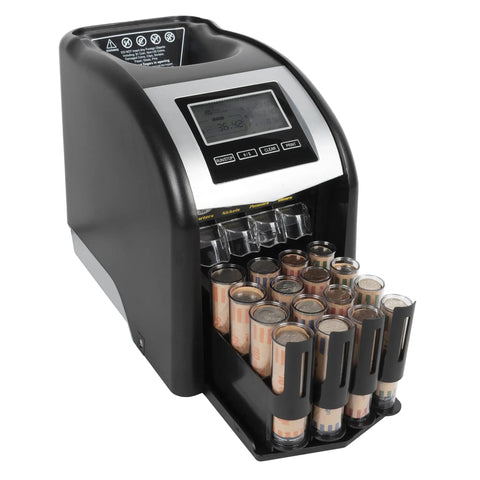 4 Row Electric Coin Counter And Sorter With No Fuss Auto Row Advancement And Anti Jam Technology in black with digital display
