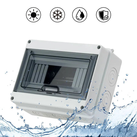 Front view of 8 Way Circuit Breaker MCB Distribution Box with IP65 waterproof rating and transparent cover.