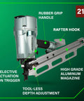 Top Shelf Pneumatic Framing Nailer With Smooth Operator Depth Tweaks And Heavy Duty Aluminum Magazine for snag-free shooting up to 3 1/4" nails.