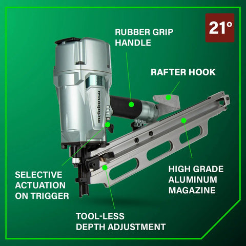 Top Shelf Pneumatic Framing Nailer With Smooth Operator Depth Tweaks And Heavy Duty Aluminum Magazine for snag-free shooting up to 3 1/4" nails.