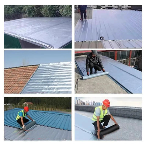 Heavy Duty Self Adhesive Roofing Felt And Heat Reflective Aluminum Foil Tape For DIY Shed Gutter Repair and Weatherproof Sealing Membrane being applied on various roofs.
