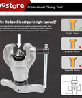 Wostore flaring tool, front view, 7-die set, metal construction with adjustable clamp.