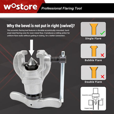 Wostore flaring tool, front view, 7-die set, metal construction with adjustable clamp.
