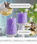 Lavender Glow Flameless Moving Flame Goblet Candle With LED Pillar 4 By 4.5 Inch Embossed Floral Print Unscented Real Wax