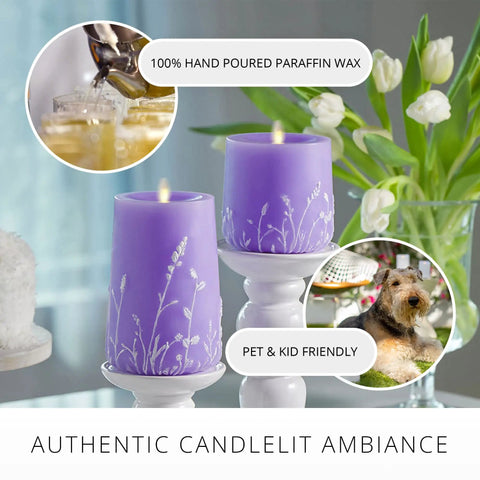 Lavender Glow Flameless Moving Flame Goblet Candle With LED Pillar 4 By 4.5 Inch Embossed Floral Print Unscented Real Wax