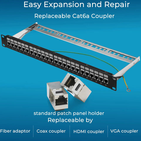 24 Port Cat6A Patch Panel With Inline Keystone 10G Support STP Shielded 19 Inch 1U Network Panel with replaceable Cat6a coupler