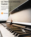 DDP-90 Pro 88 Key Weighted Digital Piano With Three Pedals USB Music Playback PC Tablet And Smartphone Connectivity Audio In Out Compact Studio Style Keyboard shown with dancer on keys