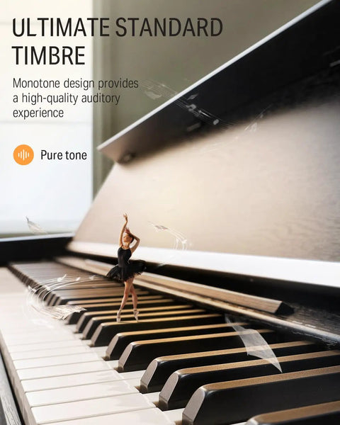 DDP-90 Pro 88 Key Weighted Digital Piano With Three Pedals USB Music Playback PC Tablet And Smartphone Connectivity Audio In Out Compact Studio Style Keyboard shown with dancer on keys