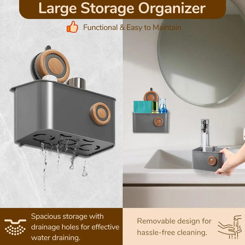 Removable Waterproof Shower Organizer With Drainage, Suction Cup Storage Shelf For Inside Shower, Gray Mahogany Style