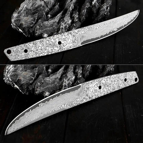 Ultra Sharp Meat Cleaver For DIY Damascus Steel Blank Blade Knife Kit, Handmade Full Tang Fixed Blade, displayed on rocks