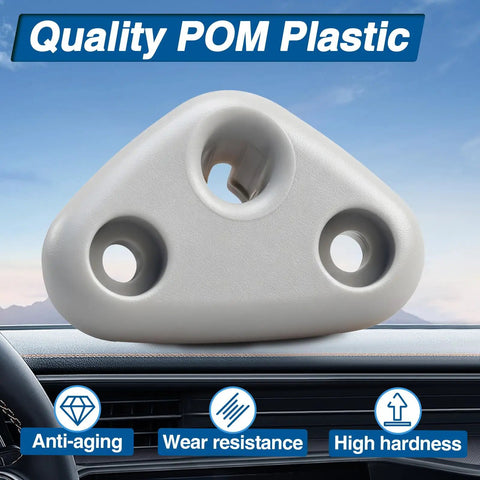 Gray POM plastic sun visor mount clip for Subaru Forester Impreza Crosstrek displayed on dashboard with text Quality POM Plastic.