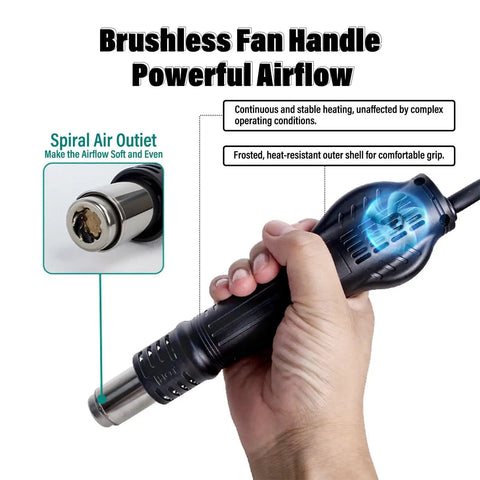 Hand holding Pro Grade 700W Hot Rework Station With Four Nozzle Heat Gun Auto Sleep Function BGA SMD Desoldering IC Chip
