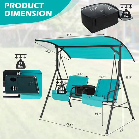 Product dimensions showing Two Person Porch Swing With Pivot Storage Table And Cooler Bag, Dual Cup Holders, Removable Cushions, Adjustable Canopy, Outdoor Patio Swing For Backyard Balcony Or Poolside, Turquoise