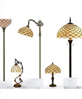 Tiffany Style Table Lamp With Cream Stained Glass Pearl Design, Metal Leaf Base, 8x10x21 Inch Desk Light, S005 Series