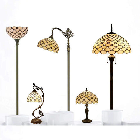 Tiffany Style Table Lamp With Cream Stained Glass Pearl Design, Metal Leaf Base, 8x10x21 Inch Desk Light, S005 Series