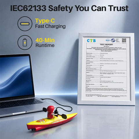 Two Pack Remote Control Boats For Kids Ages 6 To 12 with safety certification, Type-C charging laptop, and framed safety report.