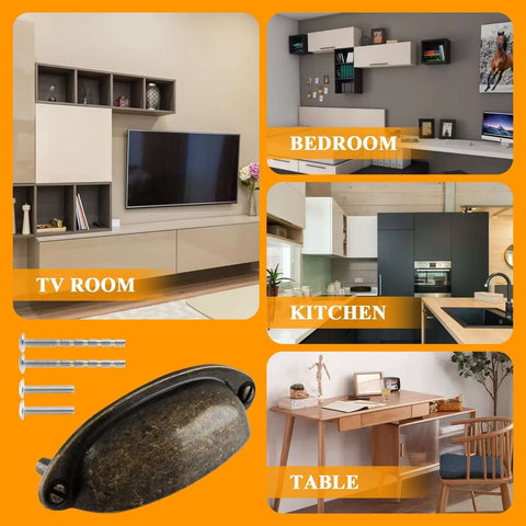 Killer Vintage Shell Cabinet Pulls Featuring A Slick Yellow Bronze Plated Finish And Rugged Zinc Alloy Construction For Smooth Kitchen Cup Drawer Upgrade Plus Complete Premium Mounting Hardware Sets displayed with screws in living spaces.