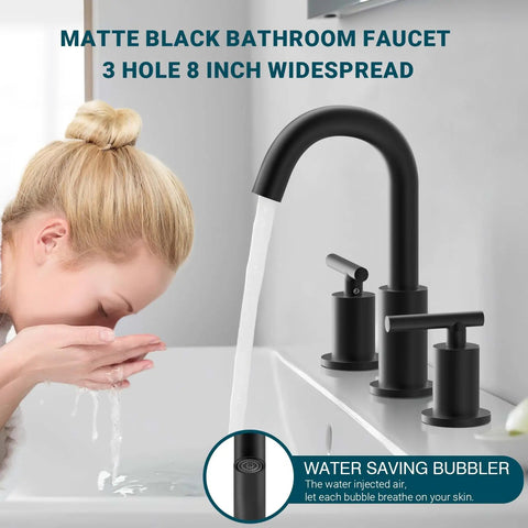 Matte Black Two Handle 8 Inch Widespread Bathroom Faucet For Vanity Sink With 360 Degree Swivel Spout 3 Hole Installation