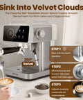 Digital Touchscreen Espresso Maker With 20 Bar Pressure Pump And Dual Spout Portafilter 51 Oz Tank on kitchen counter with latte art
