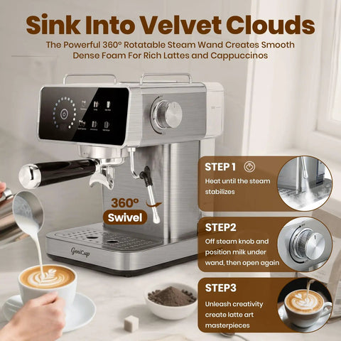 Digital Touchscreen Espresso Maker With 20 Bar Pressure Pump And Dual Spout Portafilter 51 Oz Tank on kitchen counter with latte art