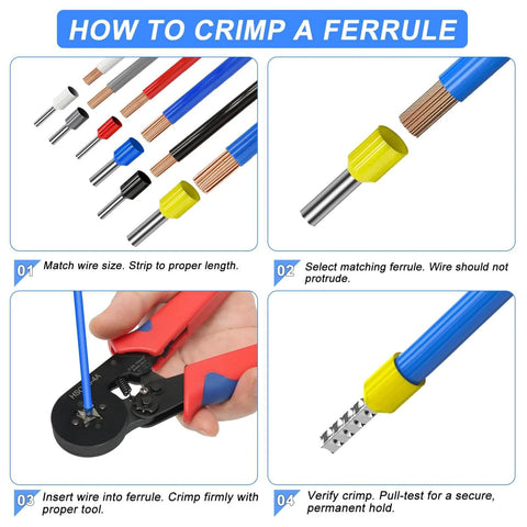 How-to guide for using the All In One Crimping Tool Kit With 1800 Ferrules, Self Adjusting Ratchet Crimper, Eight Ferrule Sizes From AWG 22 To 7