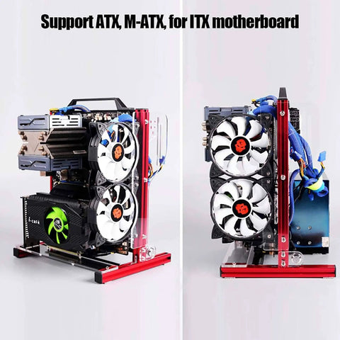 Modular Open Air Motherboard Frame Rack For ATX Micro ATX ITX Builds showing dual fan setup, vertical orientation, open chassis design.