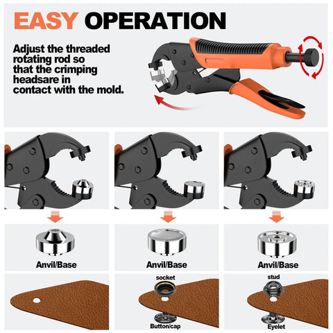 One Hand Snap Fastener Tool Kit For Canvas And Marine Use Heavy Duty Snap Pliers For RVs Campers Awnings Tarps Boat Covers And Heavy Fabric Repair Quick Install Without Removing Fabric with diagram showing operation and parts like anvil, socket, buttoncap, stud, and eyelet.