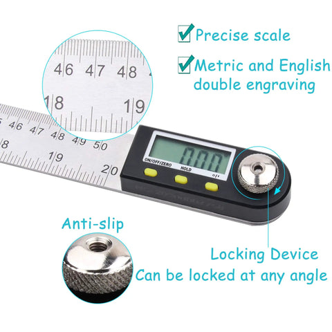 Legit Tough 20 Inch Stainless Steel Digital Angle Finder With Crisp Display And Reliable Tracking For Woodworking Builds And Shop Jobs That Call For Straight Measurements Every Time showing precise scale and locking device.