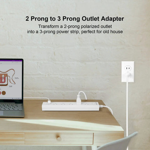 Two Prong To Three Prong Power Strip With Five Outlets And Three USB Ports Five Foot Extension Cord Surge Protector Up To 1625W Polarized Grounded Outlet Converter Wall Mountable Black on desk