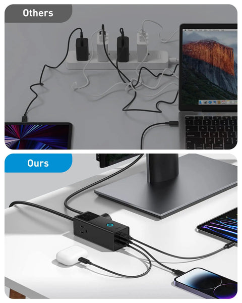 Comparison of charging setups; top shows cluttered plugs, bottom shows tidy PD 40W USB C Charging Hub with 3 AC, 2 USB-C, 1 USB-A ports.