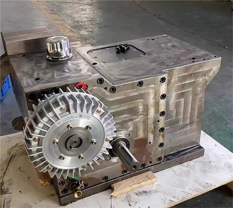 Rotating Hollow Shaft Magnetic Powder Brake With Tension Controller unit on table, showing hole type 24V clutch components.