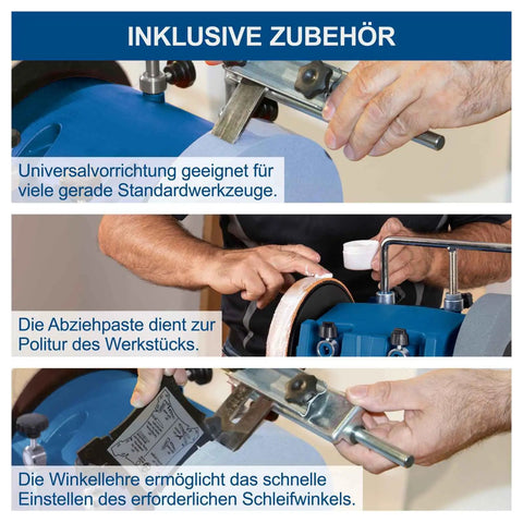 Heavy Duty Wet Bench Grinder With Water Cooled 250 Mm Corundum Whetstone And Leather Honing Wheel showing universal fixture and polishing paste.