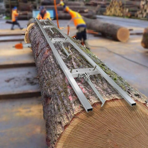 9 Foot Rail Mill Guide System With Aluminum Profiles And Nail Clamps on log for precise cuts, featuring three 3-foot sections.