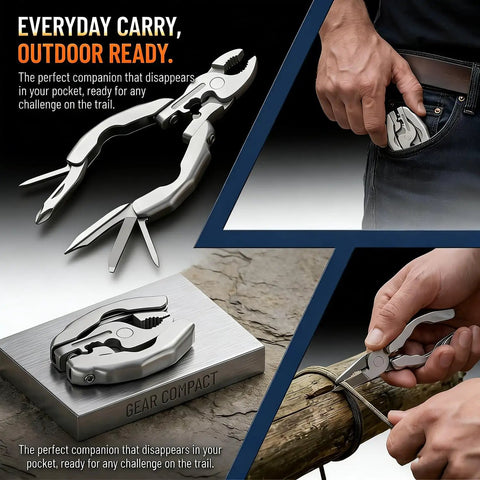 9 In 1 Keychain Multitool Pliers With Wire Cutter And Bottle Opener, Heavy Duty Stainless Steel EDC Tool For Camping, Hiking And Everyday Repairs, shown in use and pocket storage.