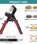 3/8 Inch Grommet Tool Kit With Magnetic Punch includes pliers, 500 gold and silver eyelets, and hollow punch shown in product size chart