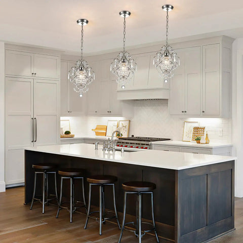 Small Crystal Chandelier Pendant Light Fixture With Elegant Sparkle One Light Adjustable Hanging Fixture For Entryway Bedroom Girls Room And Kitchen Island To Add That Lit Glow For Modern Home Decor hanging over kitchen island.