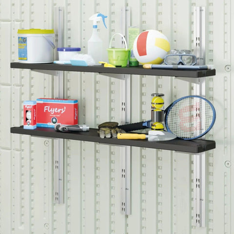 Two Shelf Wall Mounted Storage Shelving System Built From Heavy Duty Resin For Outdoor Sheds Space Saving Organizer For Garden Tools Or Garage 50 Inches Wide 11.25 Inches Deep 46.75 Inches High Black