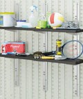 Two Pack Shed Basket Organizer Set with Wall Mount Shelf Kit in use, holding various items in outdoor shed.