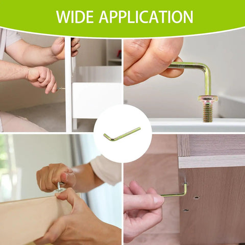 No Sweat Crib Screw Replacement Kit With M6 Hex Drive Furniture Bolts Barrel Nuts And Dowel Pins For Quick Assembly Fixes, tools shown in use.