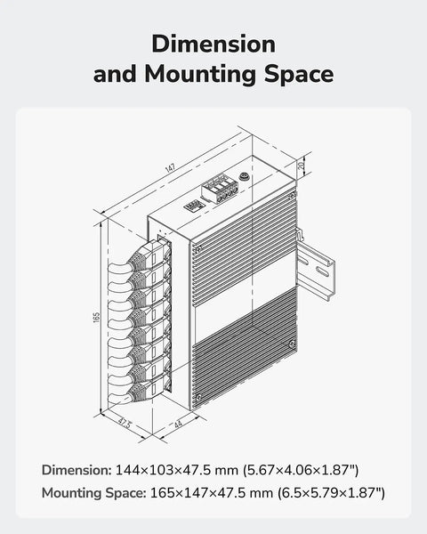 Technical drawing showing dimensions of Eight Port Gigabit PoE Industrial Network Switch Be A Beast With 802.3at/af PoE DIN Rail Mount IP40