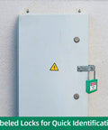 Electrical panel with Go-To Lockout Tagout Kit 10 Piece Green Safety Padlock Set With Keyed Different Locks and lockout gear.
