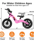 Kid-Friendly Electric Balance Bike For Ages 3 To 5 With 12 Inch Pneumatic Tires, 180W Motor, Top Speed 9.3 MPH, Safe Kick-To-Start, 3 Speed Modes, LCD Display, Quick Charge, LED Lights, Pink, side view with adjustable seat