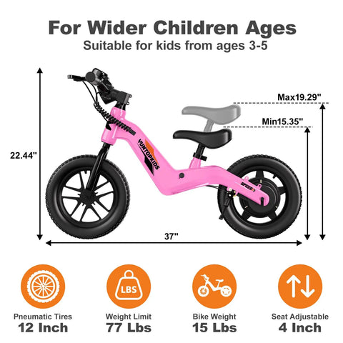 Kid-Friendly Electric Balance Bike For Ages 3 To 5 With 12 Inch Pneumatic Tires, 180W Motor, Top Speed 9.3 MPH, Safe Kick-To-Start, 3 Speed Modes, LCD Display, Quick Charge, LED Lights, Pink, side view with adjustable seat
