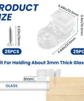 Premium Clear Glass Retainer Clips With Corrosion Proof Stainless Screws Twenty Five Pack size dimensions with mounting options for 3mm thick glass.